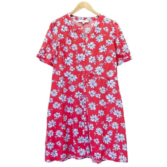 LOFT Floral Flare Retro Shirt Dress Coral Red Blue White Size 14P | 14 Petite - Picture 2 of 14